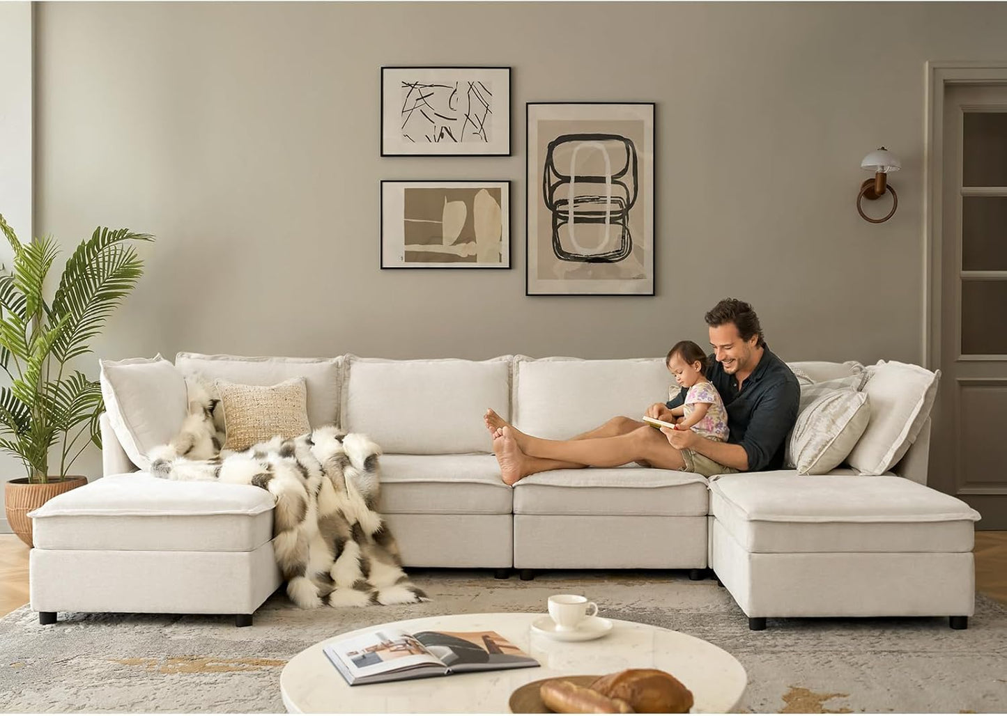 127'' Modular Sectional Sofa, Oversized U Shaped Couch with Storage Ottoman, Comfy Chenille Sofa with Deep Seat, 6 Seat Convertible Couches for Living Room, Beige