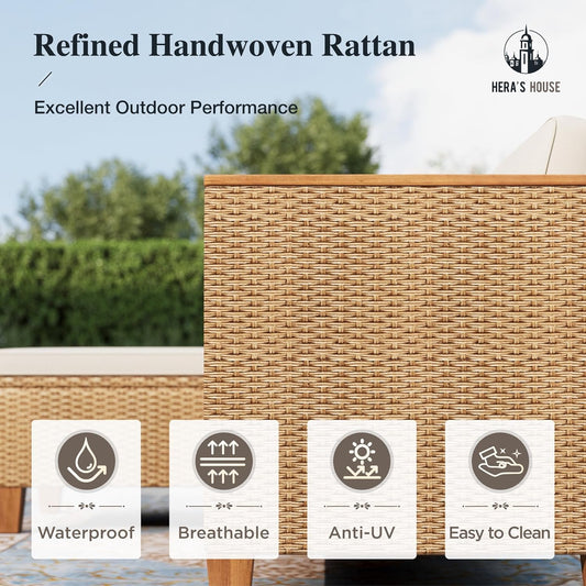 Small Patio Furniture Set, 3 Pieces Wicker Outdoor Sectional Sets,Yellow Rattan Conversation Set with Sofa and Coffee Table for Garden and Backyard, L Shape Boho Balcony Couch Sets