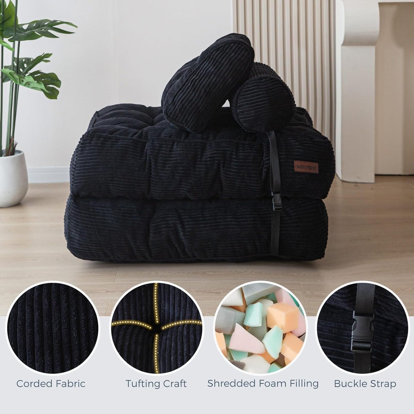 Folding Sofa Bed, Convertible Sleeper Chair with Pillow Foldable Mattress with Back Support, Portable Fold Out Chair Bed Comfy Floor Sofa Lounge for Living Room Bedroom, Black, Single