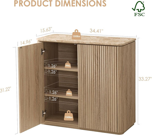 Fluted 2 Doors Sideboard Buffet Cabinet with Storage-Wooden Credenza W/Shelves, Faux Marble-Top Coffee Bar Console Table, Modern Buffet Cabinet for Dining,Kitchen,Living Room,Entryway,Natural Oak,1Pcs