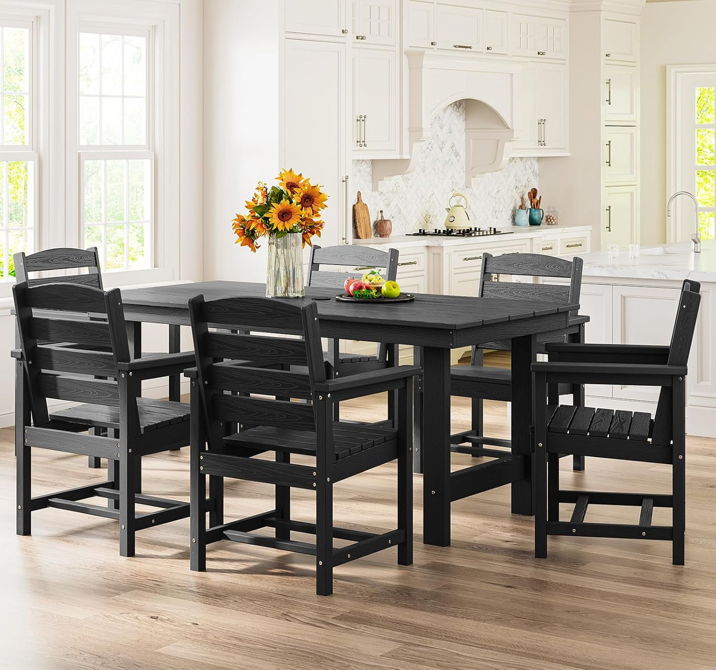 7-Piece Patio Dining Table Sets, Outdoor HDPE Dining Furniture Set with Umbrella Hole Cut-Out Table and 6 Chairs, Black