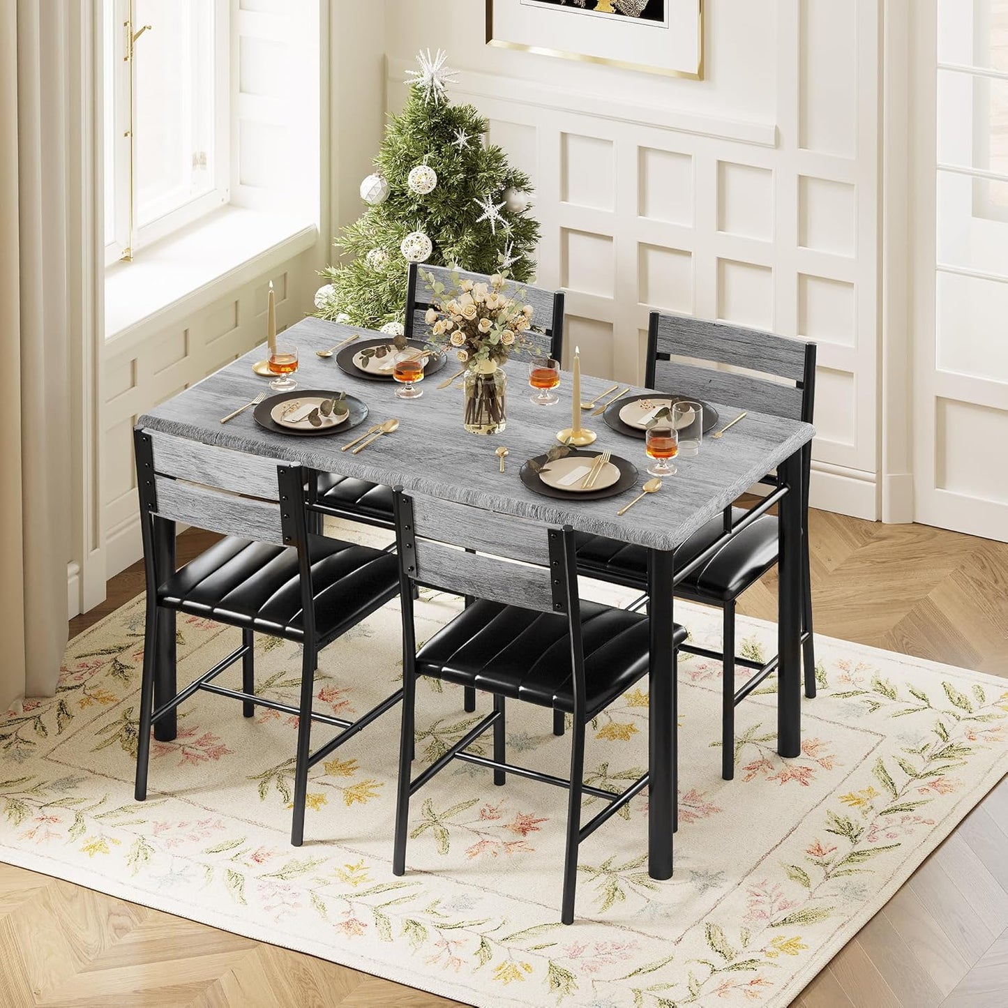 Dining Table Set for 4, Wood Kitchen Table with Upholstered Chairs for Kitchen Room and Small Spaces, Grey