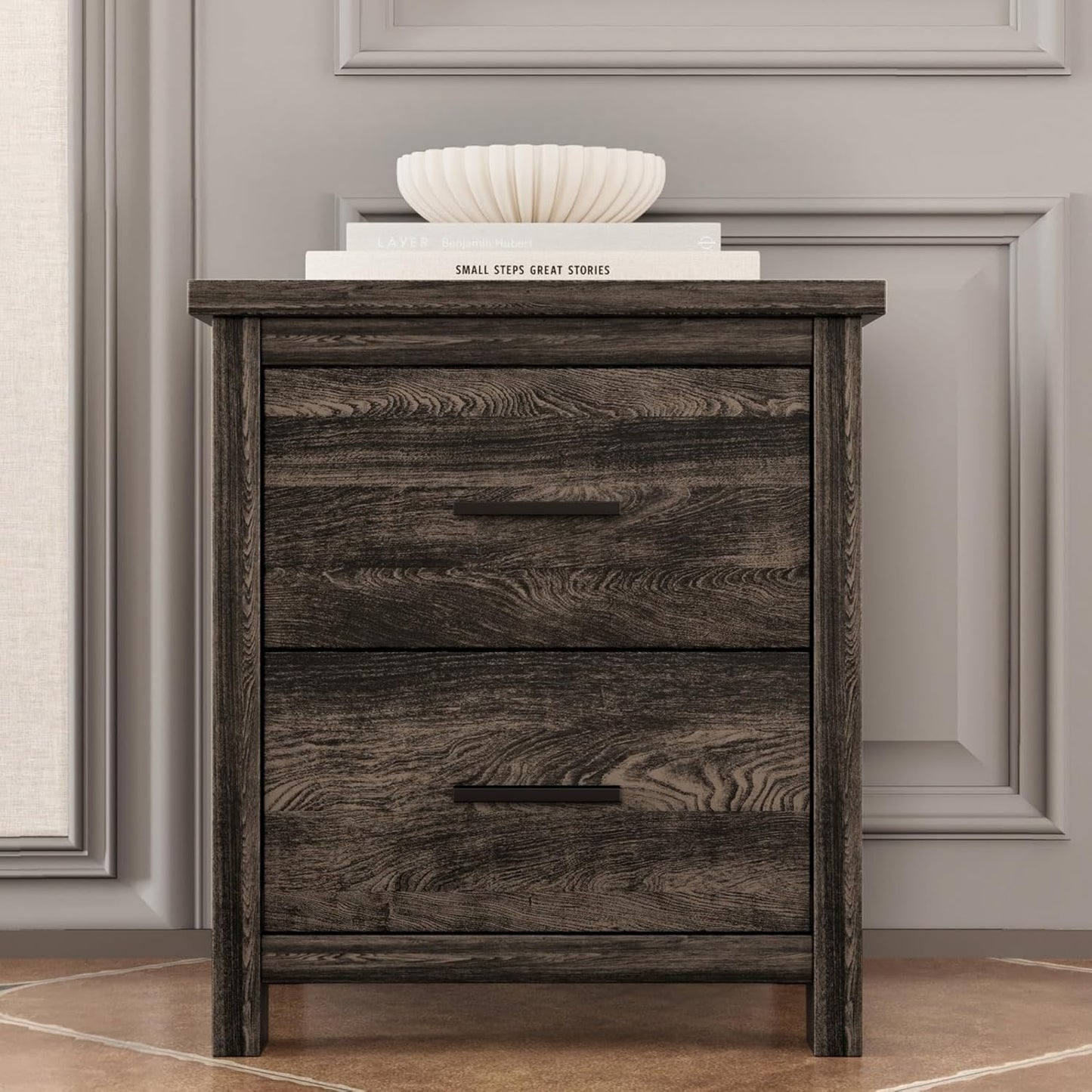 4-Pcs Queen Size Bed Frame Dresser Night Stand Bedroom Set, Platform with USB Charging Ports Storage Headboard & 1 X 5 Drawers Cabinet & 2 X Nightstands, Wooden, Antique Grey