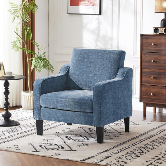 Mid Century Modern Accent Chair,Navy Blue Chenille Chairs for Living Room Upholstered Armchair with Scooped Arms for Bedroom,Apartment,Studio,Office,Waiting Room