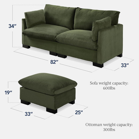 Modern Loveseat Sofa for Living Room, Corduroy Recliner, Removable Cover, Spring Cushions, Solid Wood Frame, Easy Assembly for Small Spaces, 82In – Moss Green