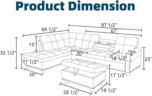 97.5" L Shaped Couch Set, Modular Sectional Couches for Living Room with Storage Ottoman, 4 Seat Home Sofa Living Room Furniture Sets with Chaise for Apartment Office (Leather, Black)