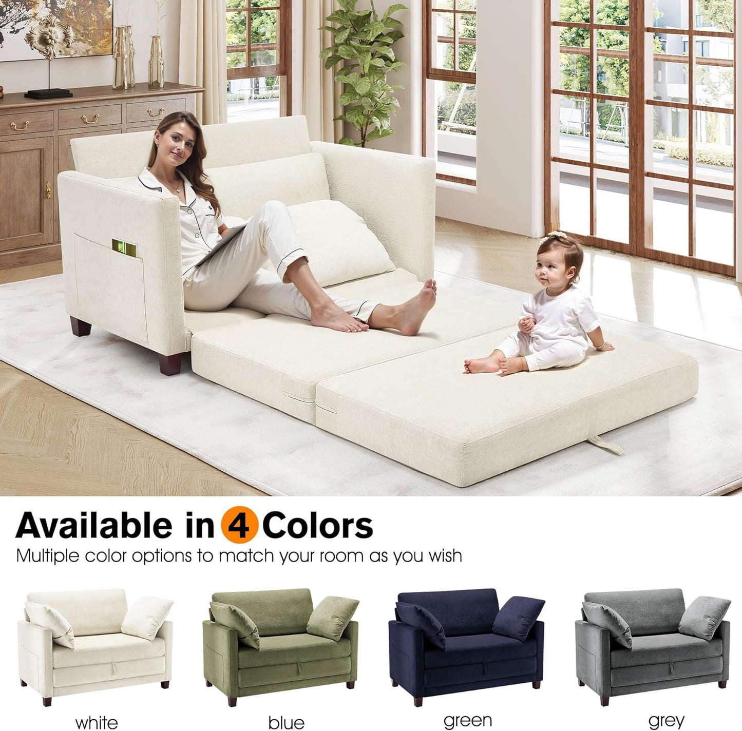 51" Loveseat Sleeper Sofa Bed, Chenille Convertible Floor Sofa Bed for Small Spaces, Folding Couch Bed with Deep Seat, 2 Pillows & Solid Frame, Pull Out Floor Couch for Living Room, Beige