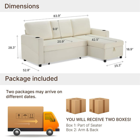 84 Inch Sectional Sleeper Sofa with Pull Out Bed Convertible 2 in 1 Couch with Storage Chaise & USB Charging Comfy L Shaped Modular Couches for Living Room Apartment(2 Box)