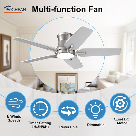 42 Inch Ceiling Fans with Lights and Remote, Brushed Nickel Flush Mount Low Profile Ceiling Fan for Bedroom, Living Room, Patio, Dimmable 6 Speeds Noiseless Reversible, ETL Listed