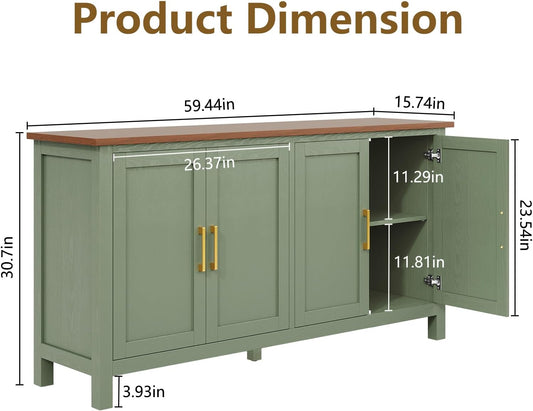 Large Sideboard Buffet Cabinet with Storage, 60" Accent Cabinet Modern Buffet Table with Adjustable Shelf, Credenza Green Storage Cabinet for Dining Room, Living Room, Kitchen, Entryway