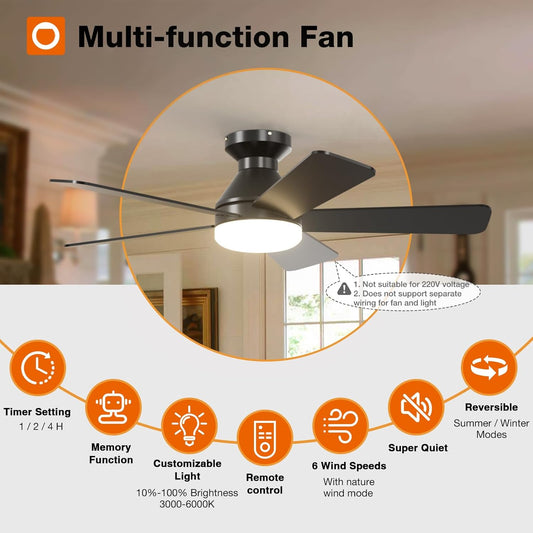 Ceiling Fans with Lights, 42 Inch Low Profile Ceiling Fan with Light and Remote Control, Flush Mount, Reversible, 3CCT, Dimmable, Quiet, Black Small Ceiling Fan for Bedroom Indoor/Outdoor Use