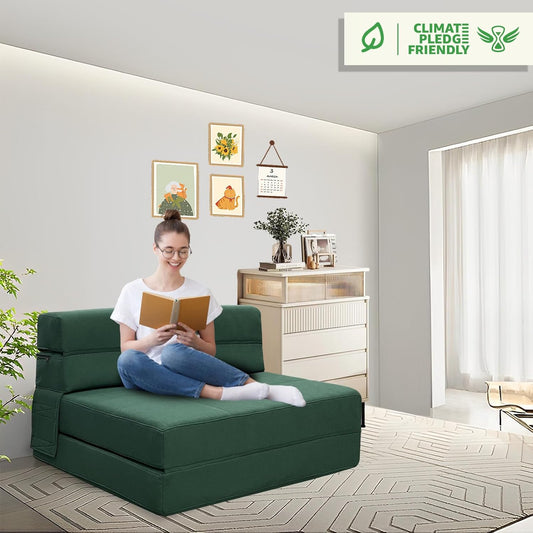 Fold Out Couch Bed Memory Foam Sleeper Chair with 2 Pillows, Queen Size Futon Couch Guest Convertible Chair Bed, Washable Cover, Dark Green