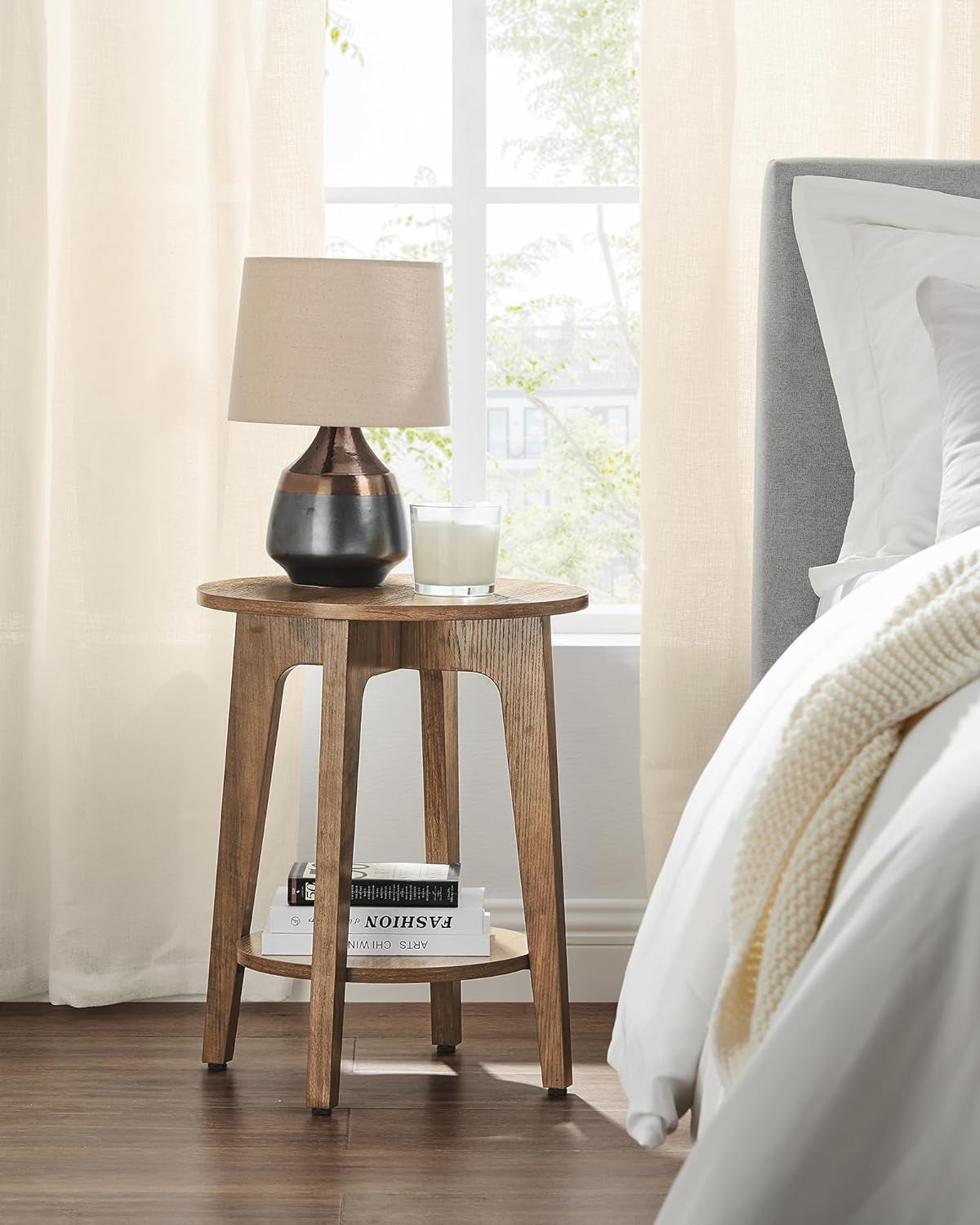 MAEZO Collection - Side Table, 2-Tier Small round End Table, Nightstand with Tapered Legs, Curved Transitions, for Small Spaces, Living Room, Bedroom, Rustic Walnut ULET283T41