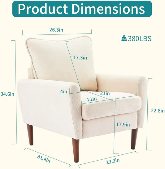 Comfy Accent Chair for Living Room Bedroom and Waiting Room, Upholstered Mid-Century Reading Chair with Pillow and Solid Wood Legs, Wide Singe Modern Lounge Sofa (Beige)
