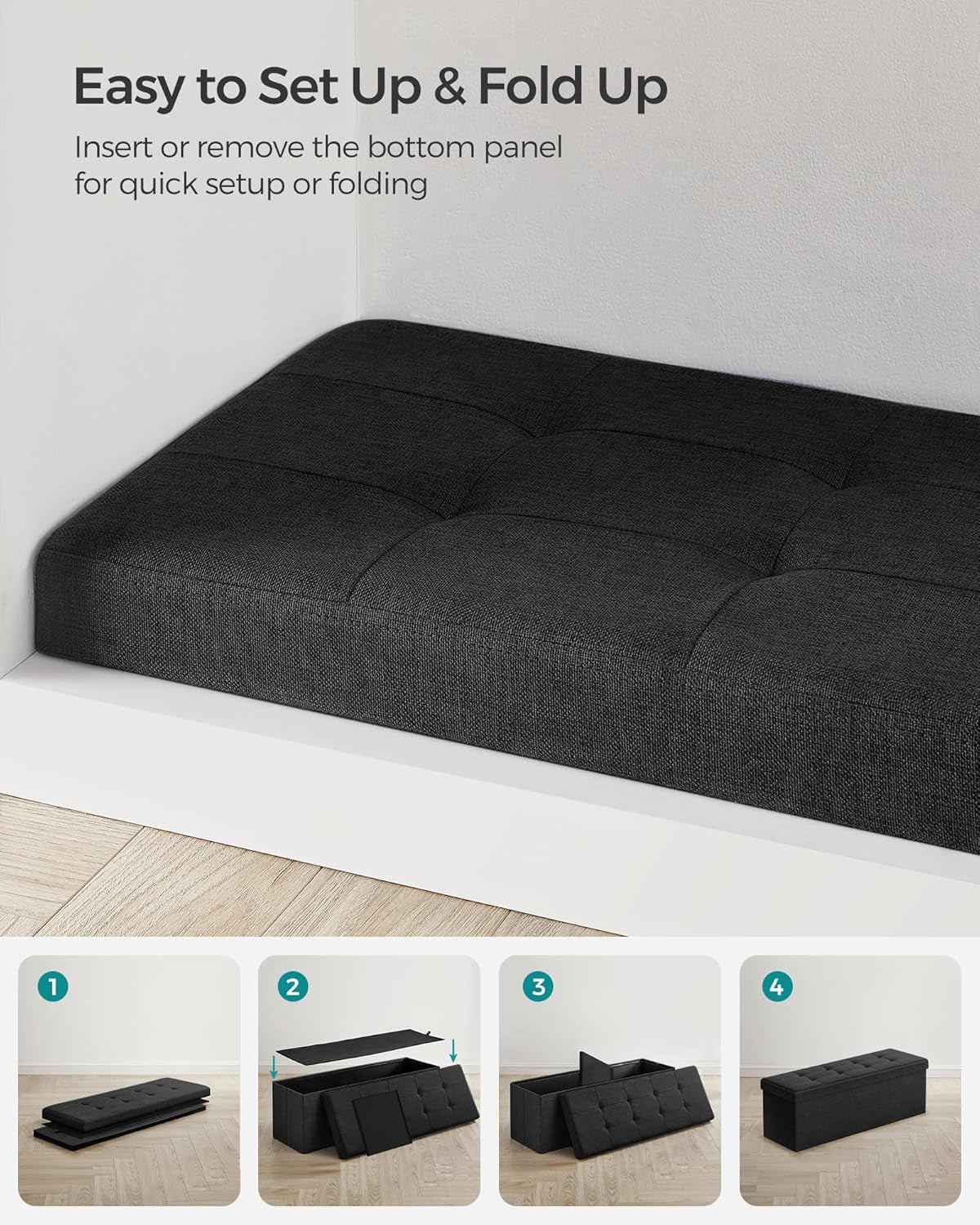 MAZIE Collection - 43 Inches Folding Storage Ottoman Bench, Ottoman Foot Rest, End of Bed Bench, Storage Chest, Load 660 Lb, for Living Room, Bedroom, Entryway, Ink Black ULSF077B01