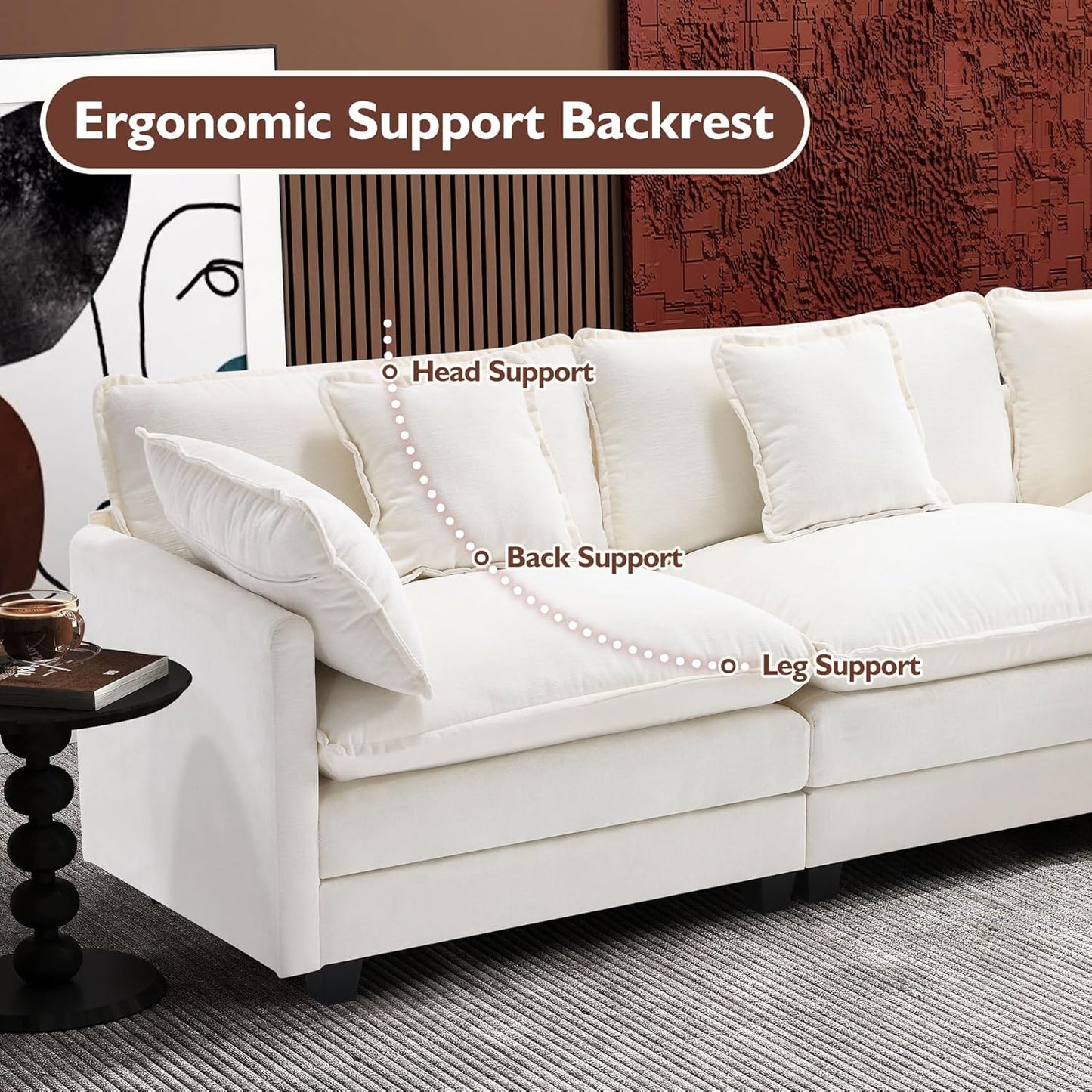 111.4" L Shaped Modern Sofa Modular Sectional Cloud Couch with Ottoman, 4-Seat Chenille Deep Seat Sofa with Pillow for Living Room, Bedroom and Apartment, Beige