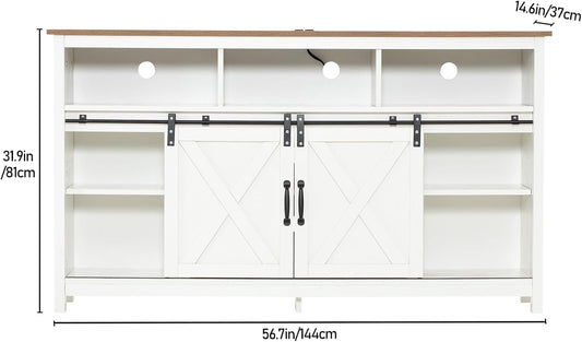 Farmhouse Coffee Bar Cabinet with Power Outlet, Rustic Sideboard Buffet Storage Cabinet with Storage, Wood Buffet Cabinet Serving Table Cupboard for Dining Room, Living Room, White