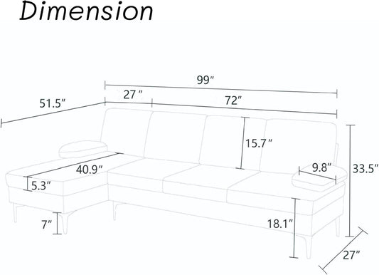 L-Shaped Sectional Sofa with Golden Legs, 99 Inch Couch with Chaise Lounge, Modern Upholstered Living Room Furniture, Off-White