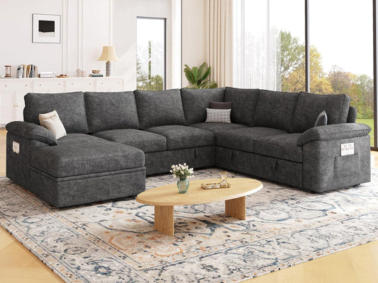 108 Inch Sectional Sleeper Sofa with Pull Out Bed, U Shaped 7 Seat Modular Sectional Sofa with Storage, Sectional Couches for Living Room, Cloud Modular Couch,Removable Sofa Cover, Dark Grey