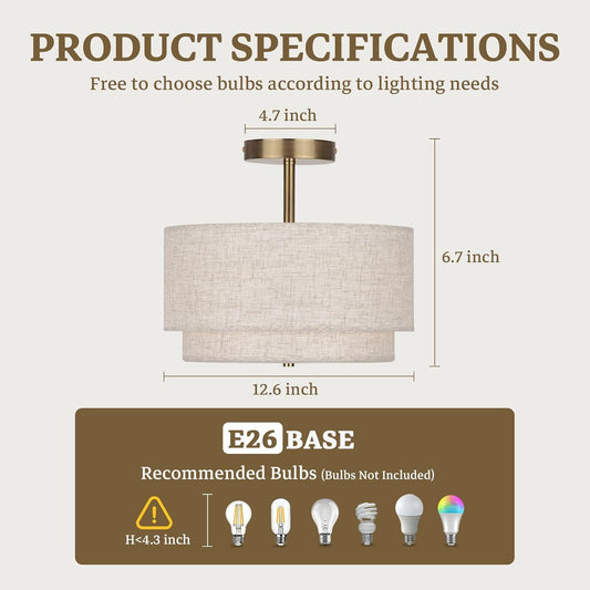 Semi Flush Mount Ceiling Light Fixture,12.6'' Gold Light Fixtures Ceiling Mount, Modern Close to Ceiling Light with 2-Layer Linen Shade,Farmhouse Drum Ceiling Light for Bedroom Hallway Living Room