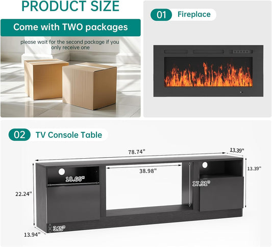 80" Fireplace TV Stand for Tvs up to 90", LED Light Entertainment Center with 36" Electric Fireplace, Modern Wood Texture TV Media Console with Highlight Storage Cabinet, Black+Black