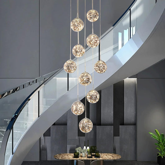 10-Light LED Staircase Chandelier Crystal Ceiling Lights Large Chandeliers for High Ceilings, Entryway Modern Lighting Fixture Villas and Stairs, Adjustable Length 16" W X79 H,50W -Grey