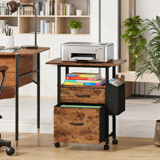 2 Drawer File Cabinet with 24'' Extended Desktop, Mobile Filing Cabinet, Rolling File Cabinet with Side Bag, Fabric Drawer, Fits A4/Letter Size, Printer Stand Home Office, Light Brown