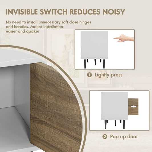 Modern TV Stand for 65" Television, Entertainment Center with Two Storage Cabinets and Open Shelves, Retro Style Media Console for Living Room, Bedroom, Office, 58 Inch, White and Beige