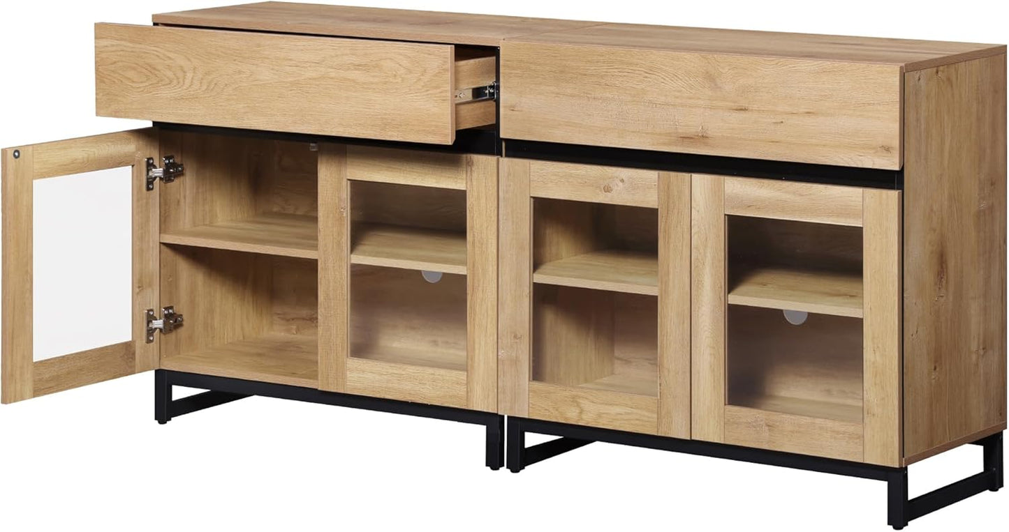 4 in 1 Multifunctional Sideboard Buffet Cabinets with 8 Glass Doors and 4 Drawers, Modern Sideboard Credenza with and Metal Base, Coffee Bar Storage Cabinet for Living Room, Kitchen, Oak