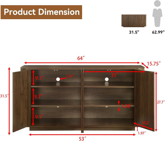 64" Sideboard Buffet Cabinet with Storage, Modern Fluted Accent Credenza with Adjustable Shelves, Wood Media Console Coffee Bar Table for Living Room Kitchen Dining Room, 31.5" H, Walnut