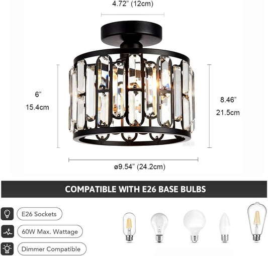 Crystal Ceiling Light, Semi Flush Mount Modern Black Ceiling Light Fixture, Crystal Chandelier, for Bathroom Hallway, Kitchen, Entryway, Bedroom, Laundry Room, Porch 1 Light E26