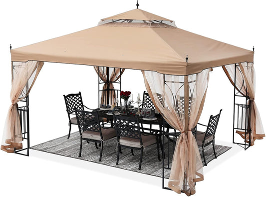 Patio Outdoor Gazebo 10X10 - Gazebo Canopy with Netting and Corner Frame Screen Wall for Backyard,Garden Lawn (Khaki)