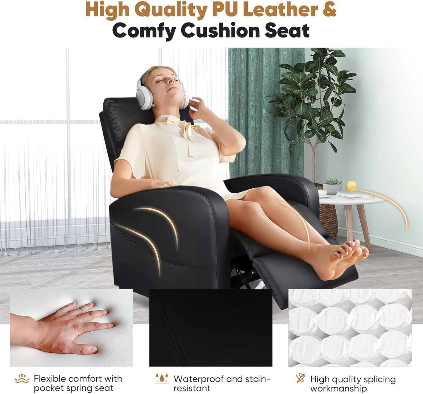 Recliner Chair for Adults, Massage Reclining Chair for Living Room, Adjustable Home Theater Seating Single Sofa with PU Leather Padded Seat Backrest and Footrest, Modern Black