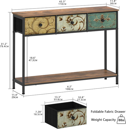Entryway Console Table with 3 Retro Flowers Fabric Drawers Boho Narrow Long behind Couch Sofa Table with Bottom Open Storage Shelf for Hallway Living Room Foyer (Rustic Brown, 3 Drawers)