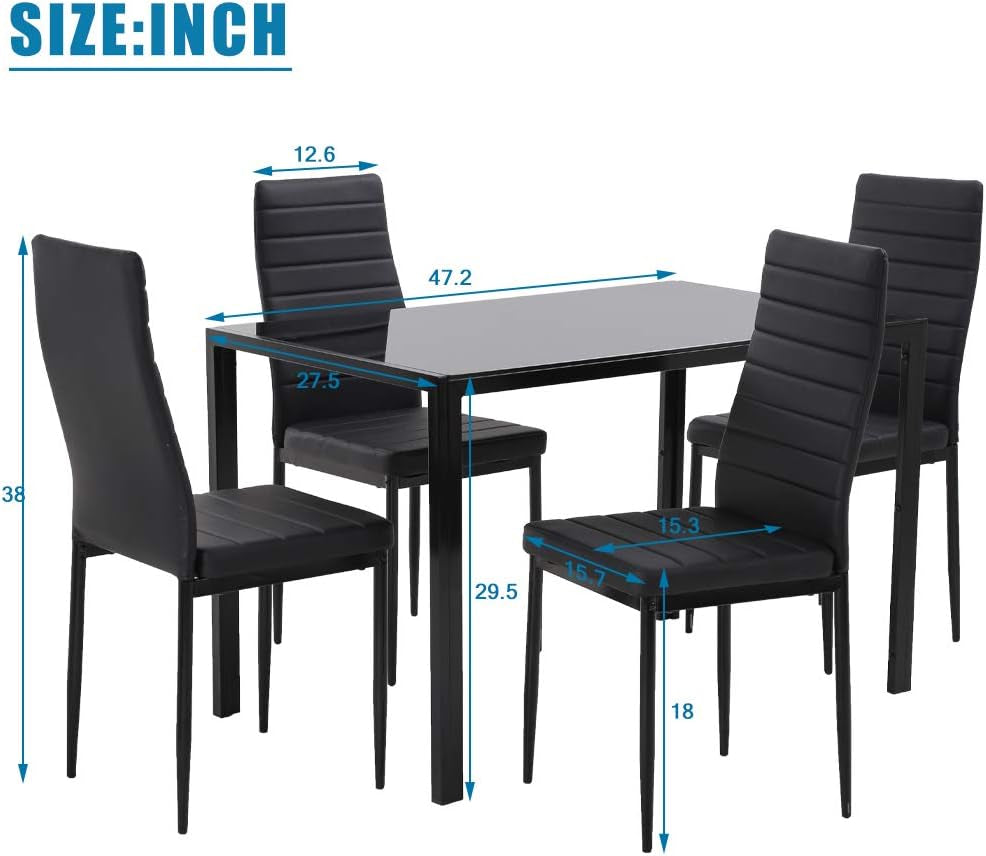 | 5-Piece Dining Table Set | Black | Glass Kitchen Table with 4 Upholstered Chairs and Faux Leather Cushions | Space-Saving and Modern Design | for Dining Room, Easy to Assemble