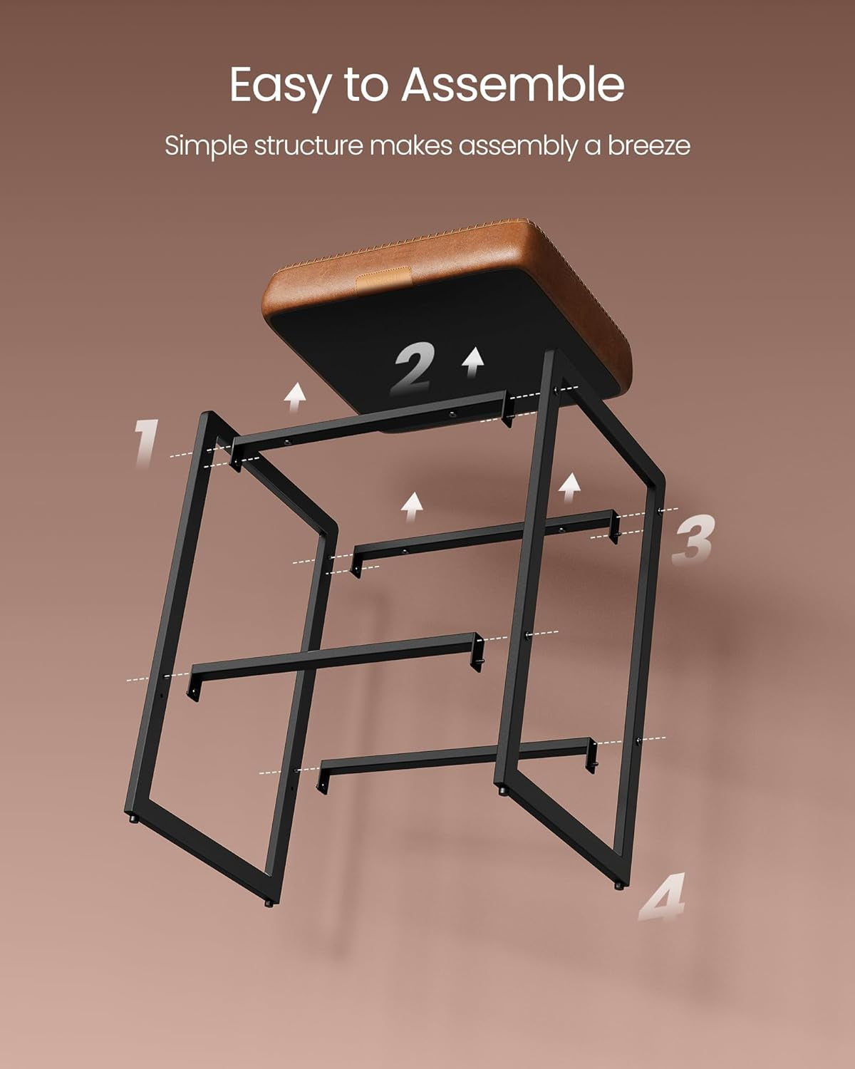 EKHO Collection - Bar Stools Set of 2, Counter Height Bar Stools, Synthetic Leather with Stitching, Mid-Century Modern Counter Stools, 26-Inch Tall, Kichen Home Bar Dining Room, Caramel Brown