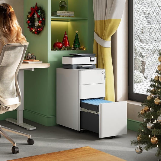 3 Drawer File Cabinet, Slim Metal Filing Cabinet with Lock, under Desk Storage Cabinet for Letters/Legal/A4, Fully Assembled except Casters - White