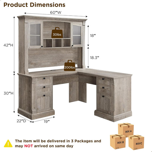 60" L Shaped Executive Desk with Hutch and Drawers, Farmhouse Home Office Desk with Charging Station, File Cabinet Storage, Wood Corner Computer Desk for Work and Study, Light Rustic Oak