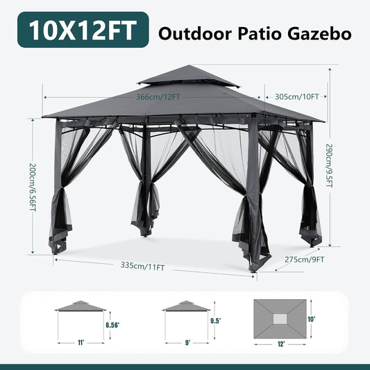 Outdoor Garden Gazebo for Patios with Stable Steel Frame and Netting Walls (10X12,Dark Gray)