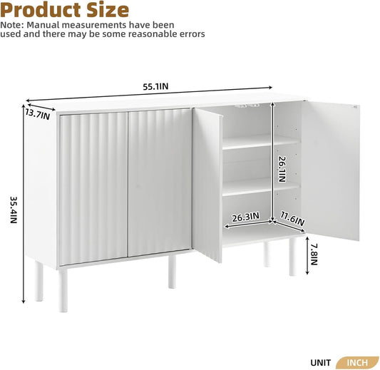 55” Shoe Cabinet Storage for Entryway with 4-Door, Freestanding Sideboard Buffet Hidden Table Organizer for Dinning Kitchen Living Room, Solid Wood Legs, Adjustable Shelves