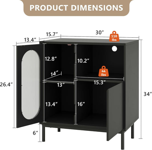 Sideboard Buffet Cabinet with Fluted Glass Doors and Adjustable Shelf, Wood Modern Accent Cabinet with Storage for Kitchen, Entryway, Living Room, Black