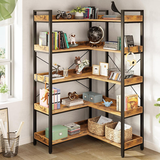 Bookshelf 5 Tier with 4 Hooks, Reversible Corner Bookshelf, 65" Industrial Wooden Bookcase with Open Shelves and Metal Frame for Living Room, Bedroom, Home Office, Rustic Brown