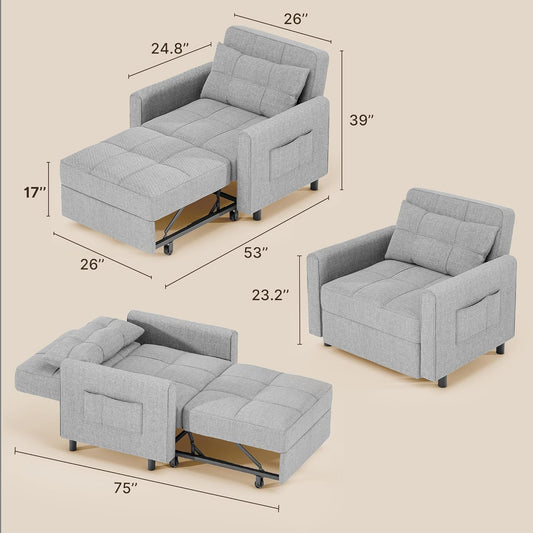 Sofa Bed Chair 3 in 1 Convertible, Pullout Single Sleeper Chair Bed with Adjustable Backrest, Spacious Multifunctional Sofa Couches for Living Room, Bedroom, Apartment