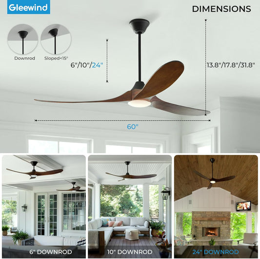 60 Inch Outdoor Ceiling Fan with Light-Glass Lamp, 3 Blade Wood Propeller Ceiling Fans with Lights and Remote Control for Patios, Exterior Damp Rated High CFM Ceiling Fans Modern Smart APP