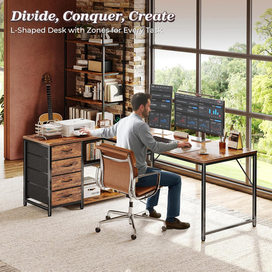 61" L Shaped Desk with Power Outlets and USB-C Port, Reversible Computer Corner Office Desk with 4 Fabric Drawers and 2 Height-Adjustable Shelves, Large for Gaming Writing Study, Rustic Brown