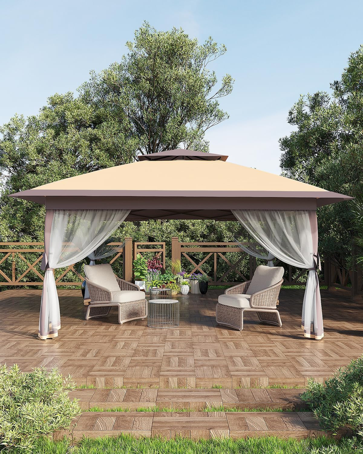 Canopy Tent 13X13 Ft, Pop up Gazebo One-Push Setup with 4 Sandbags for Backyard Parties and Bbqs, Mosquito Netting & Height Adjustable - Khaki & Coffee