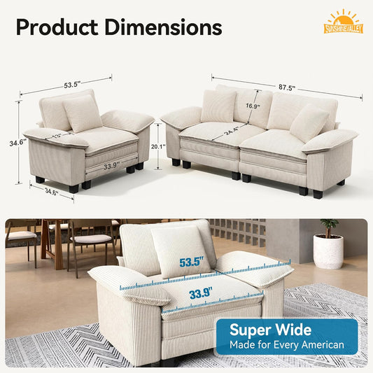 87.5'' Oversized Loveseat Couch and Chair Set, 3-Seat Corduroy Modern Modular Cloud Sofa with Pillow, 2 Piece Living Room Deep Sectional Sofa Furniture Set for Apartment, Beige