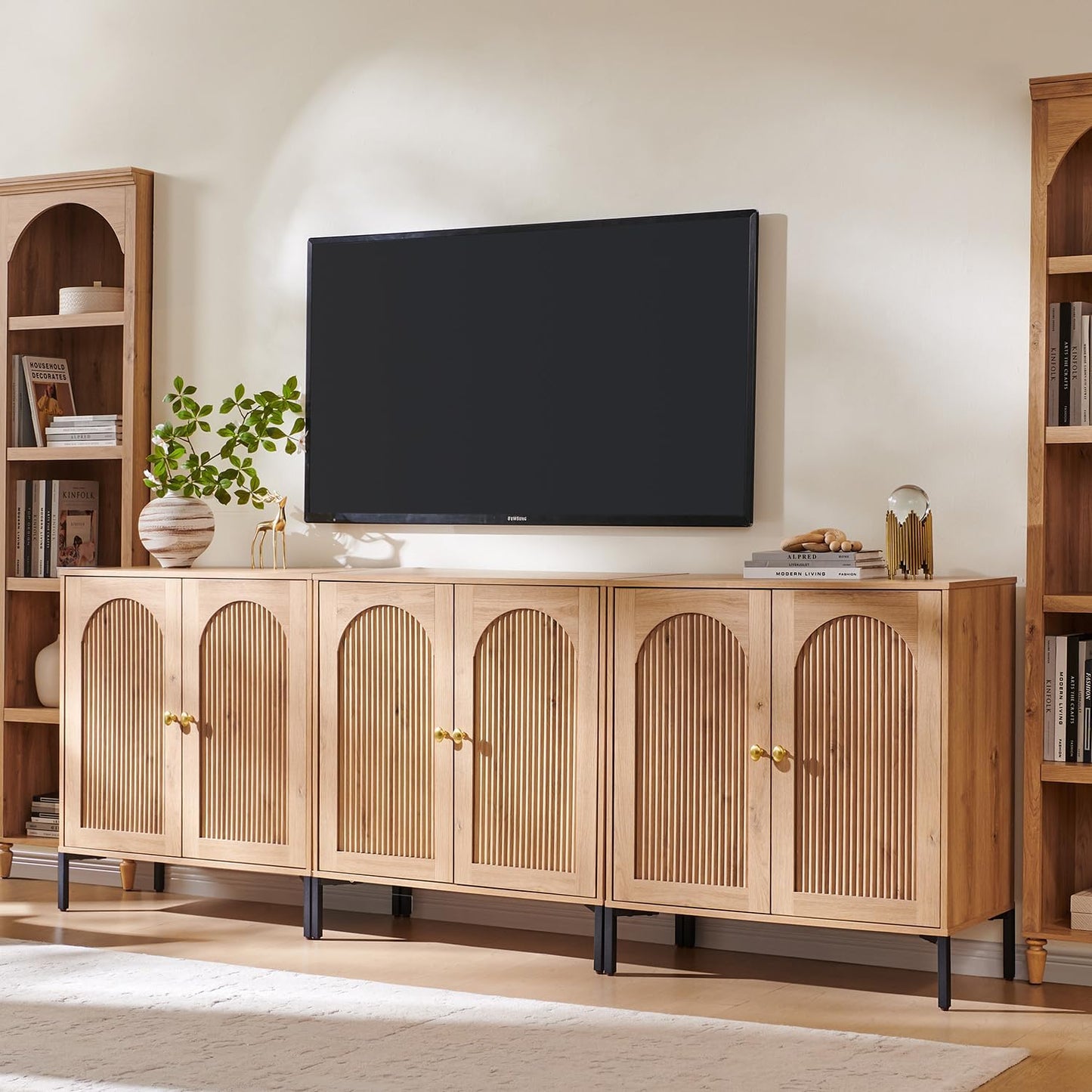 Modern Buffet Cabinet with Storage, 92.63" W Fluted Arched Sideboard Cabinet W/Adjustable Shelves, Wooden Modular Coffee Bar for Dining Room, Kitchen, Living Room, Entryway, Natural