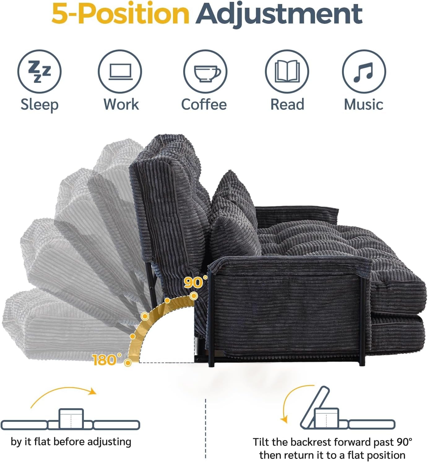 Adjustable Floor Sofa Couch with 2 Pillows, Multi-Functional Bean Bag Bed, 5-Position Foldable Lazy Sofa Sleeper Bed with Armrest, Versatile Floor Seating for Reading, Dark Grey, Double