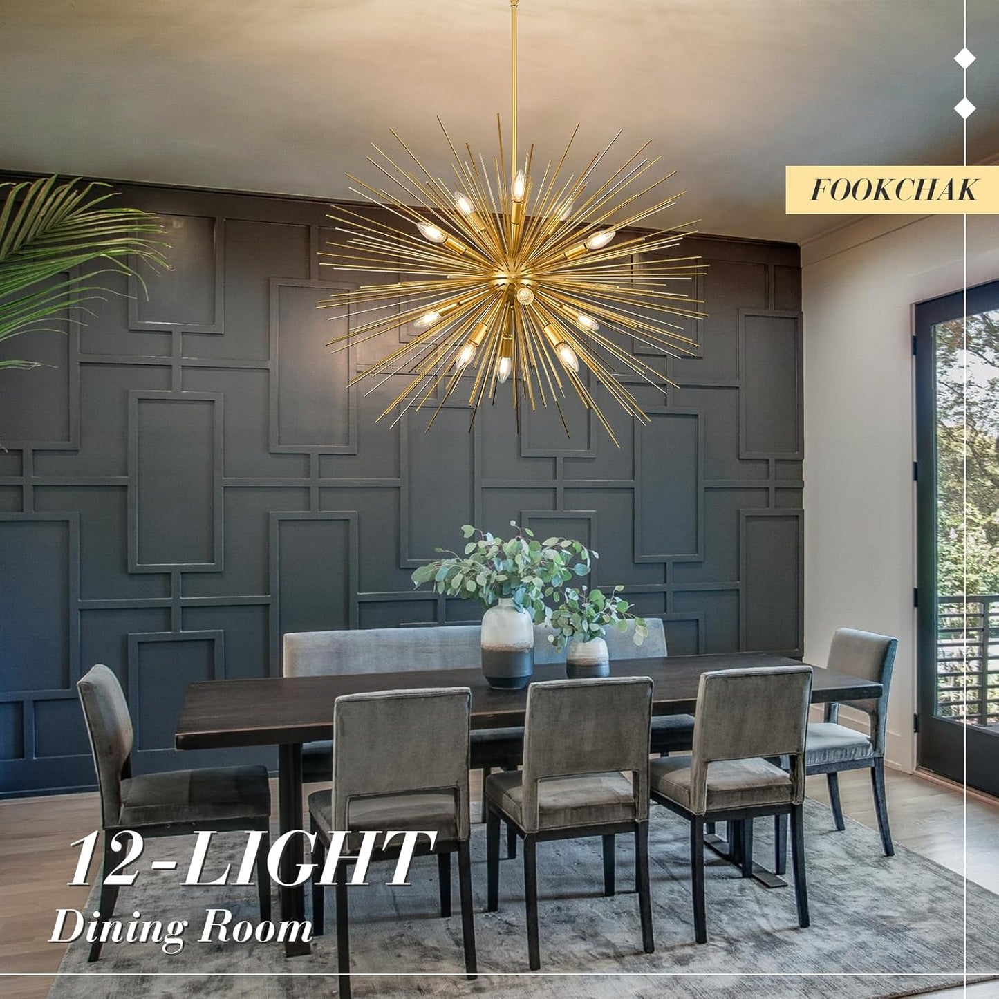 35In Gold Sputnik Chandelier 12-Light Starburst Chandelier Light Fixture Solid Metal Mid-Century Modern Satellite Light Fixture for High Ceiling Living Room Dining Room Foyer, E12